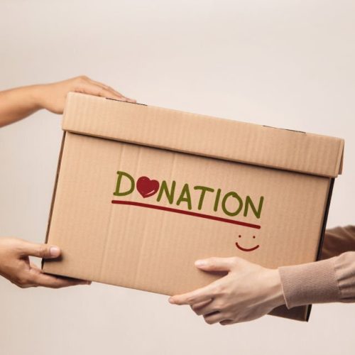 Donation Concept. The Volunteer Giving a Donate Box to the Recipient. Standing against the Wall